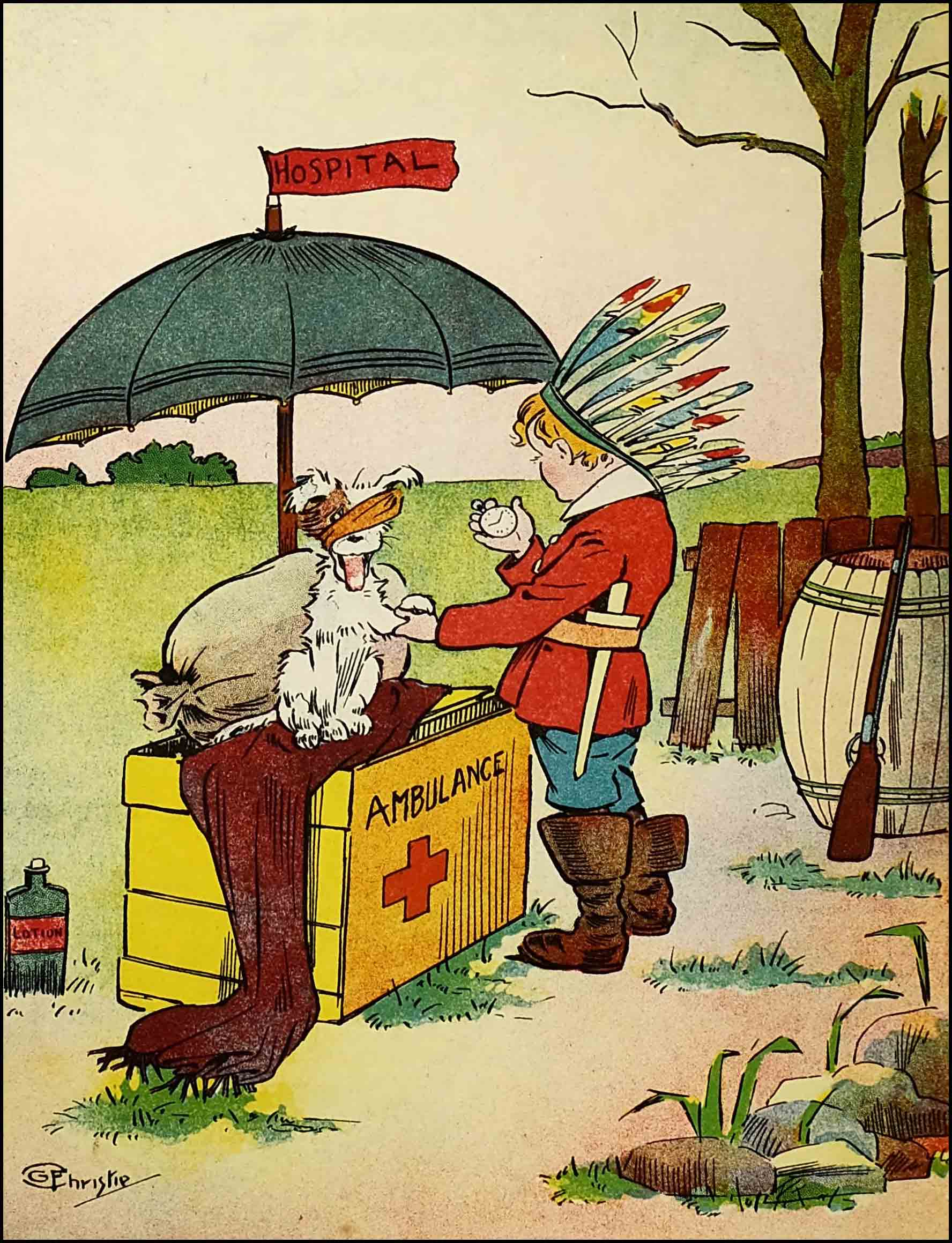 In the makeshift hospital, Rag sits atop the box, shaded by the umbrella, as Dumpy takes his temperature