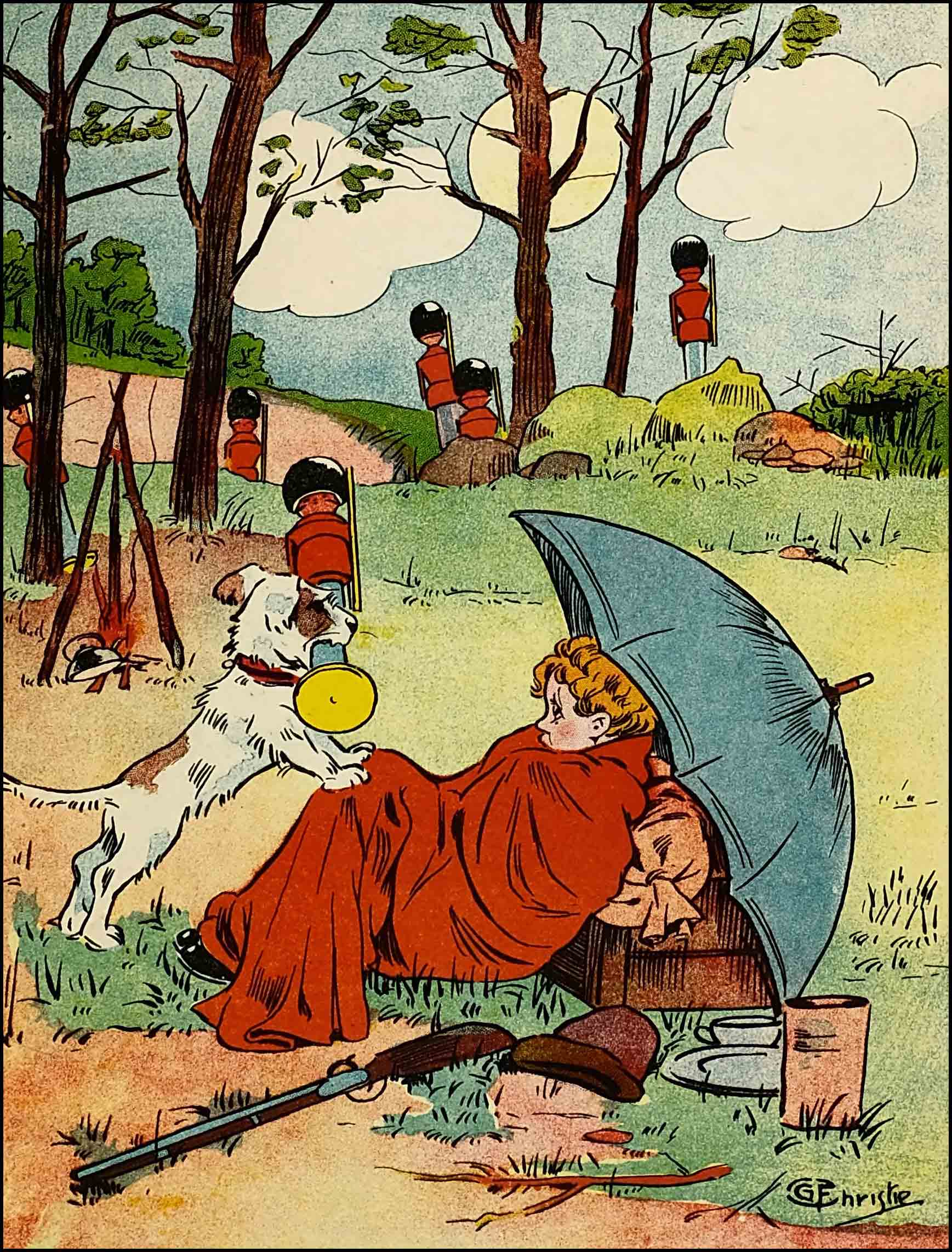 Dumpy sleeps on the ground, shaded by the umbrella, as Rag brings him the toy solider deserter