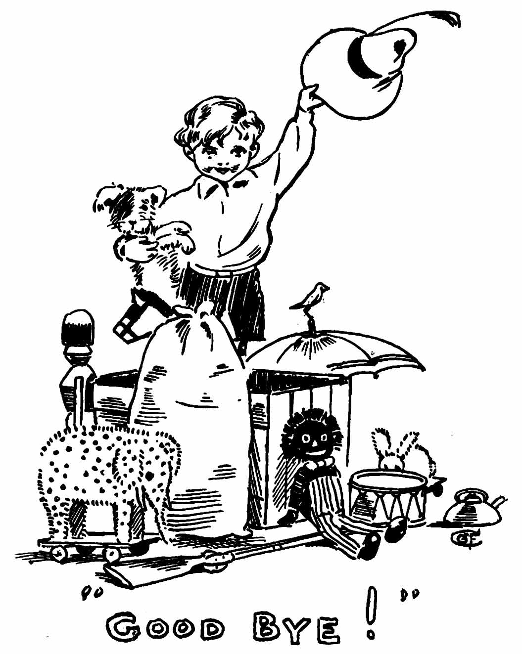 Dumpy holds Rag in one hand, waving his hat in the other, surrounded by a soldier, the elephant, and Golliwogg, while Bunny hides behind a drum