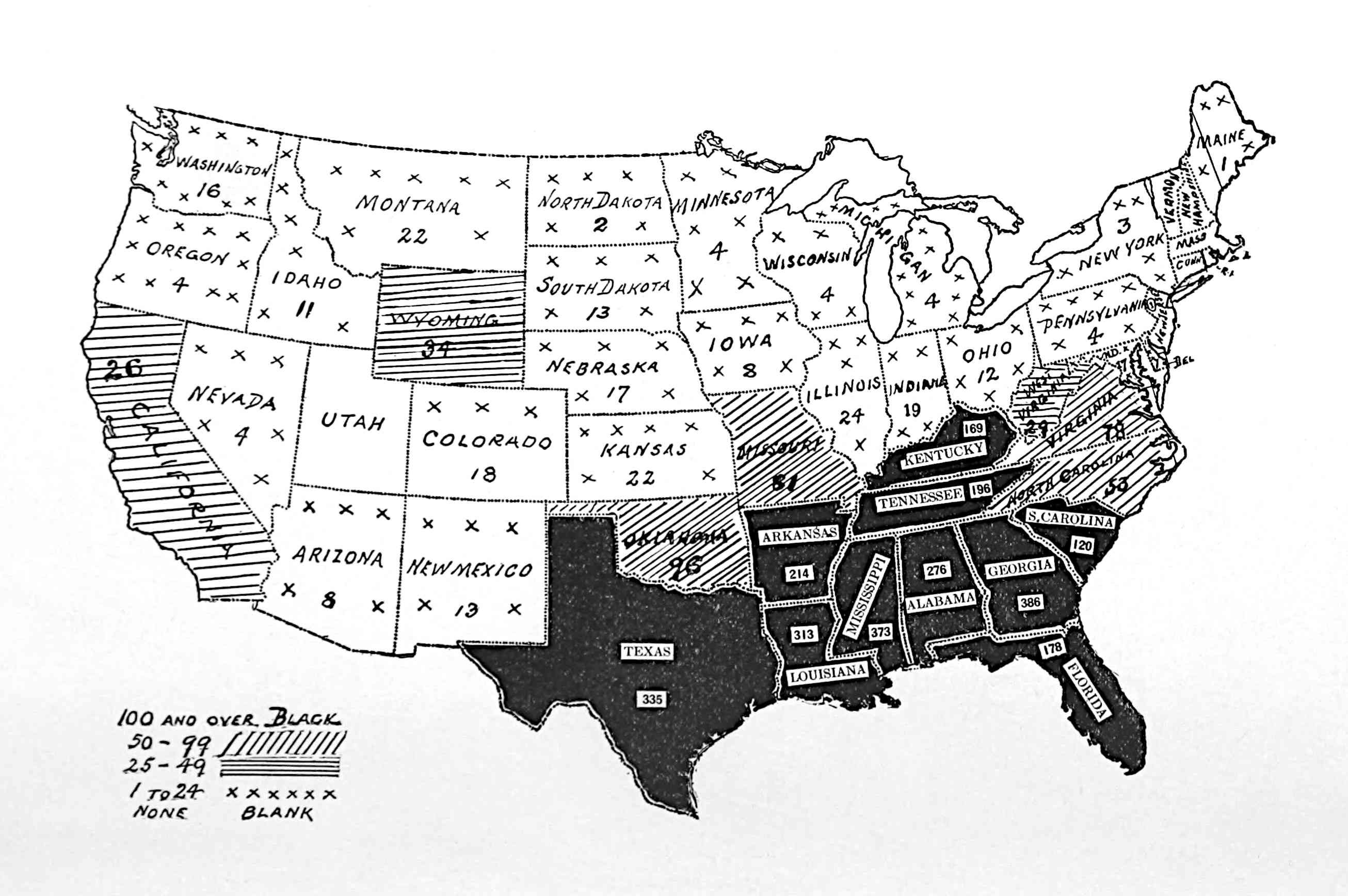 Labeled map of continental United States,    with legend indicating: 100 and over: black, 50-99: diagonal lines, 25-49: horizontal lines,    1-24: spaced x's, none, blank